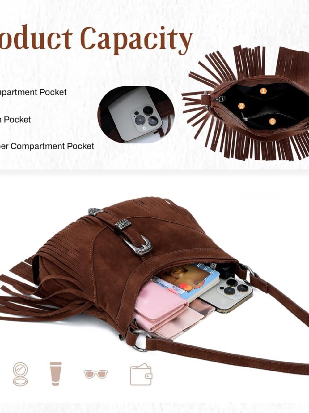 Western Fringe Hobo Purses for Women Tassel Crossbody Bag Underarm Shoulder Bags - Picture 6 of 7